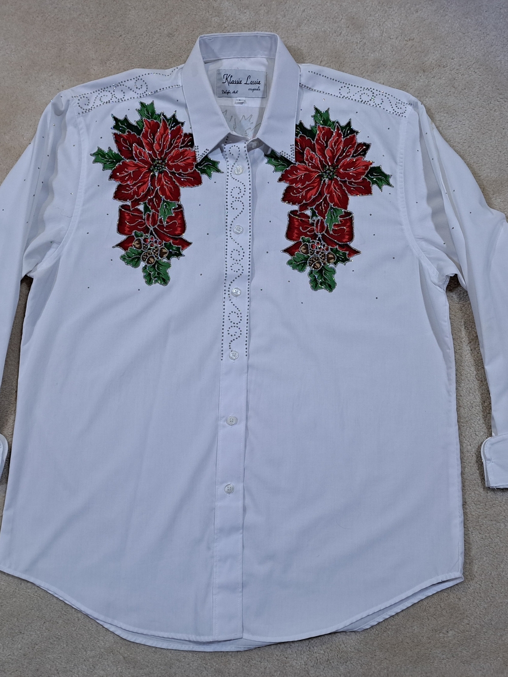 Vtg Klassie Lassie Western Shirt White Christmas Poinsettia Rhinestone Womens L